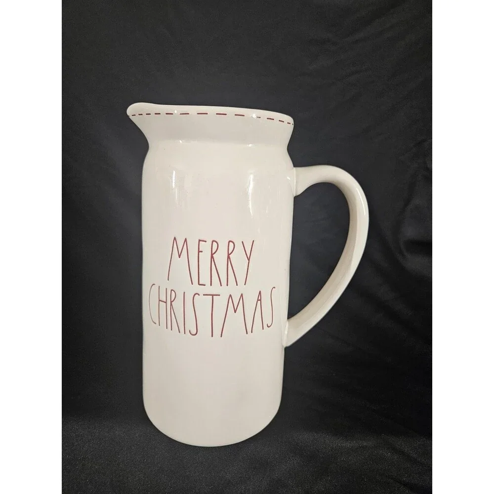 Never Used Rae Dunn Merry Christmas Glossy White  Red Tall Ceramic Drink Pitcher